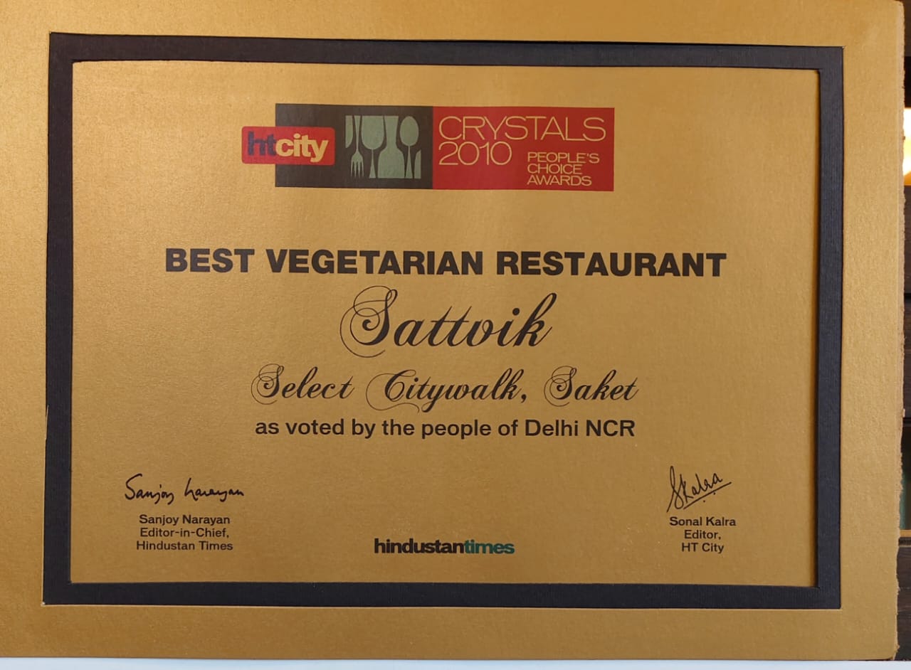HT City Crystals 2010 certificate naming Sattvik, Select Citywalk, Saket the Best Vegetarian Restaurant