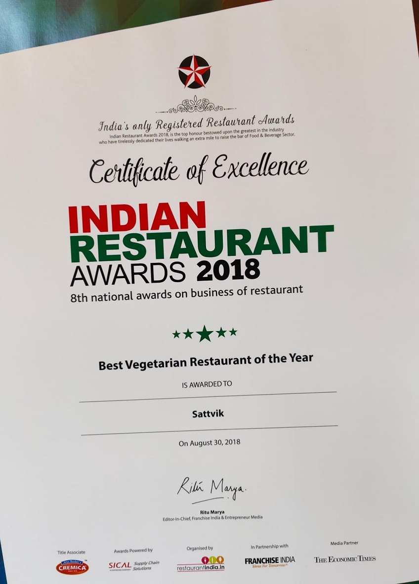 Indian Restaurant Awards 2018 Certificate of Excellence naming Sattvik Best Vegetarian Restaurant of the Year
