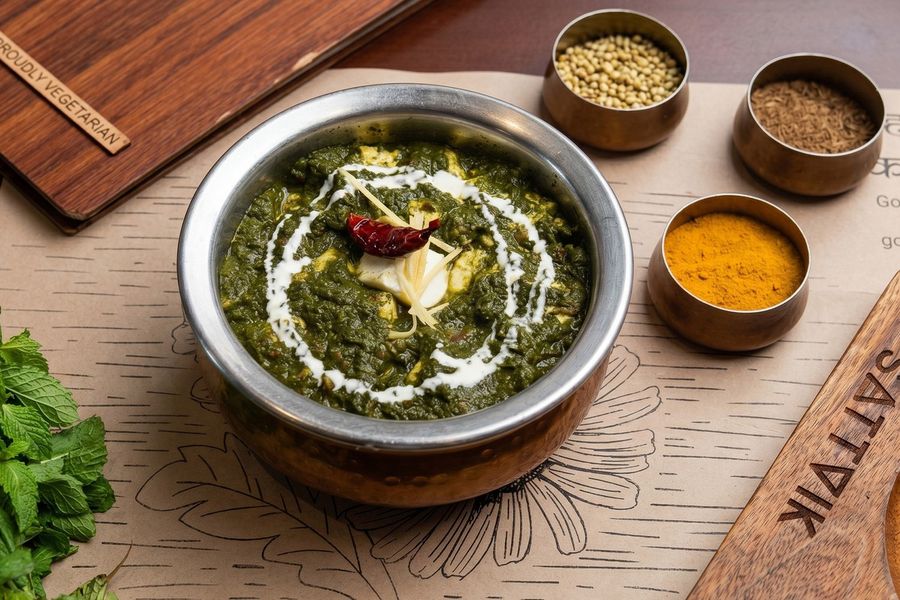 A spinach curry finished with cream, served in a copper bowl