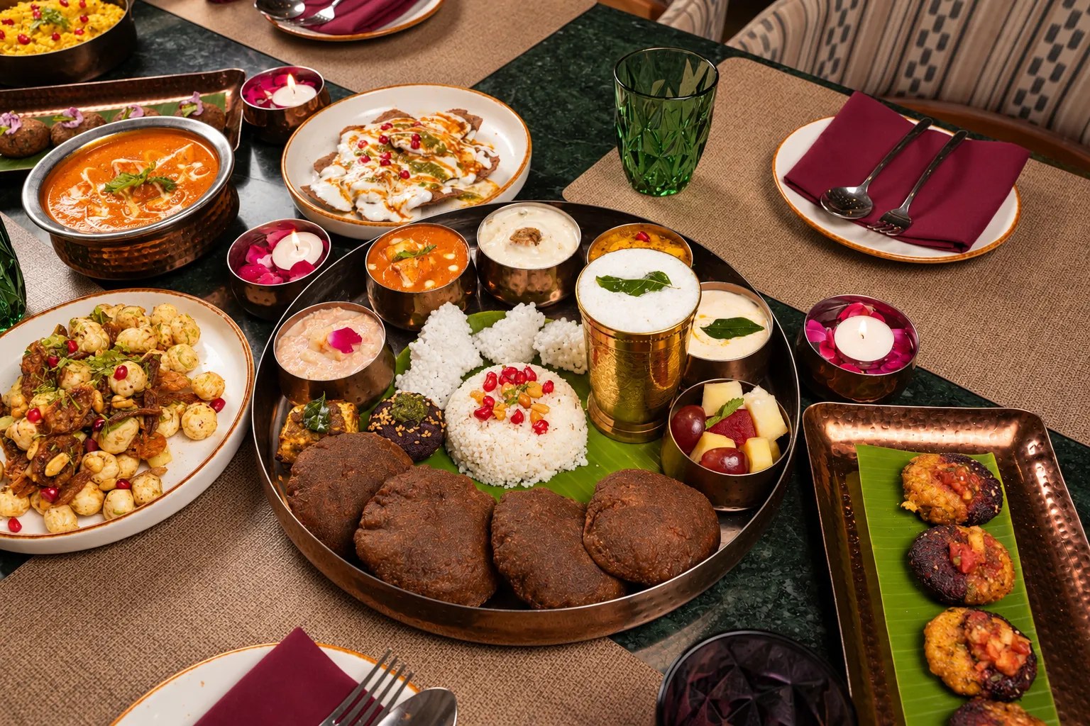 A thali in a copper plate surrounded by makhana, chaat, paneer curry and tikkis on a set table at Sattvik