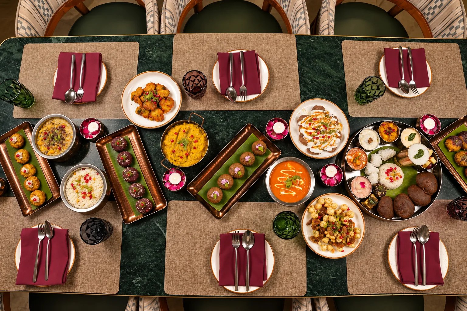 A long table set with thalis, chaat, curries and tikkis on copper trays