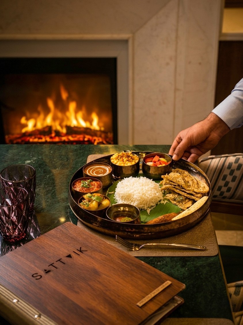 The Yukta Aahaar Sattvik thali being served on a copper tray beside the fireplace, with the Sattvik menu on the table